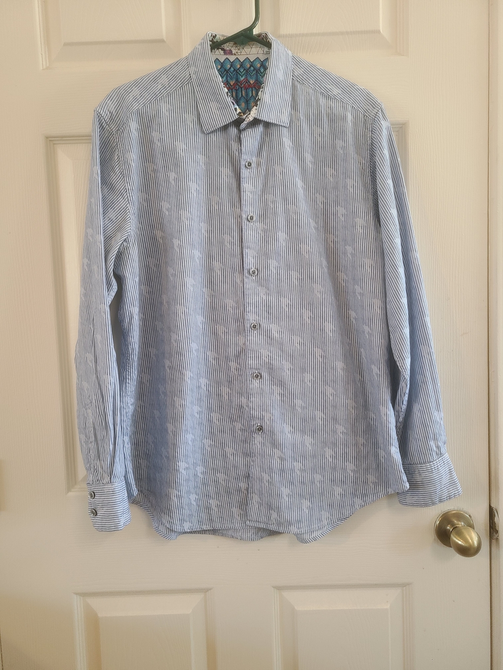 Robert Graham Blue and White Striped Dress Shirt  Size L Classic Fit